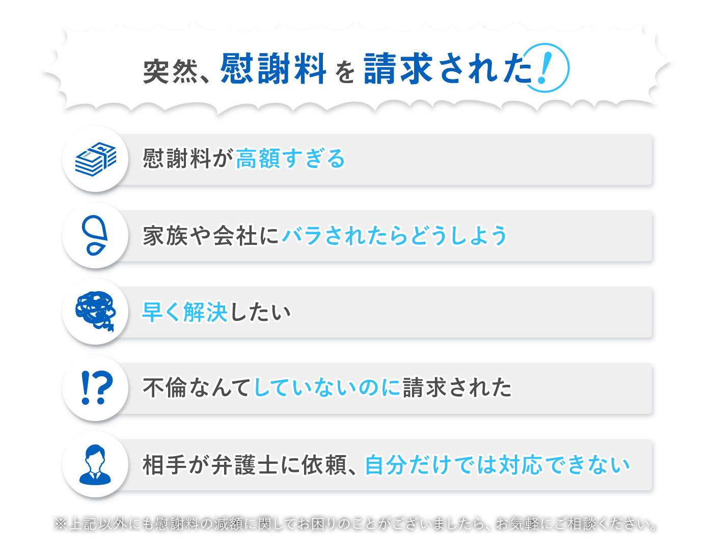 突然、慰謝料を請求された｜慰謝料が高額すぎる｜家族や会社にバラされたらどうしよう｜早く解決したい｜不倫なんてしていないのに請求された｜相手が弁護士に依頼、自分だけでは対応できない